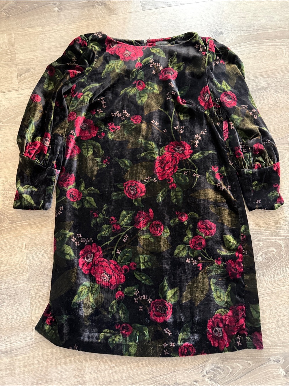 Ann Taylor Black Velvet Floral Shift Dress with Red and Green Print